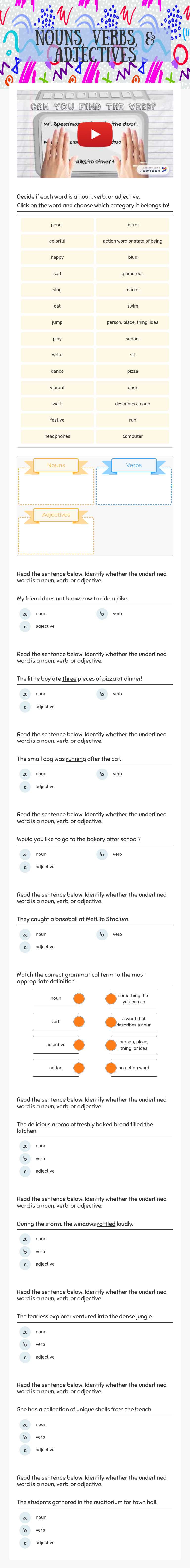 Nouns, Verbs, & Adjectives worksheet preview image
