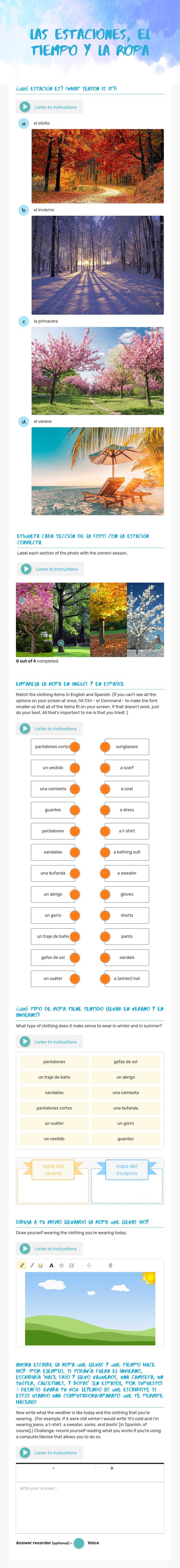 las estaciones, el tiempo y la ropa worksheet preview image