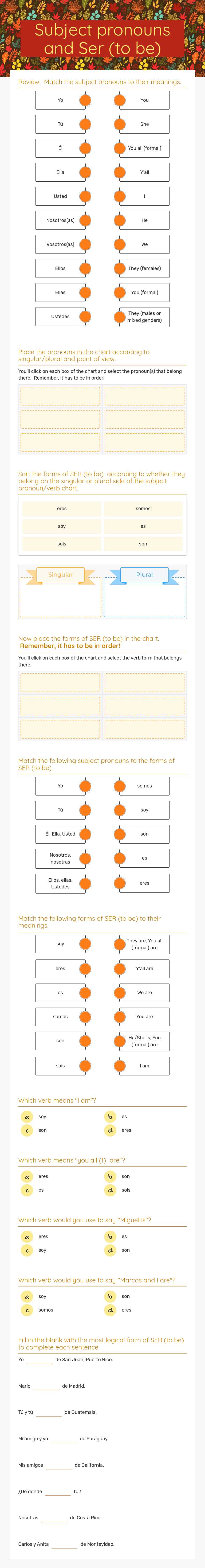 Unidad 1:  pronombres y ser Grade 10 worksheet preview