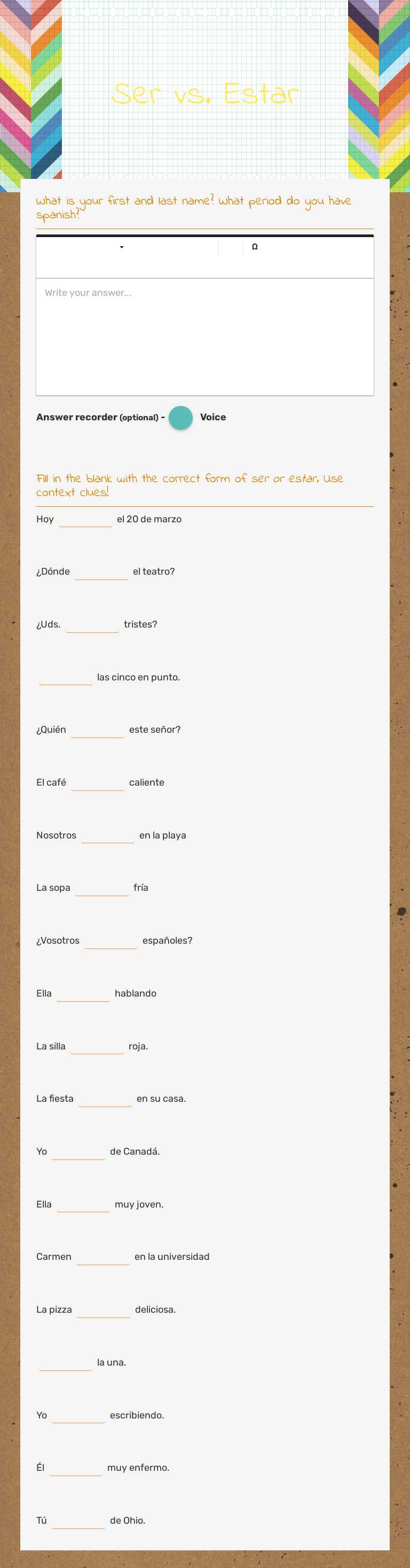 Ser vs. Estar worksheet preview image