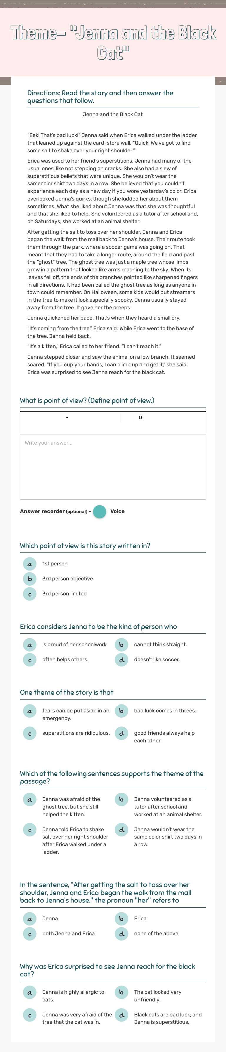 Theme- "Jenna and the Black Cat" worksheet preview image