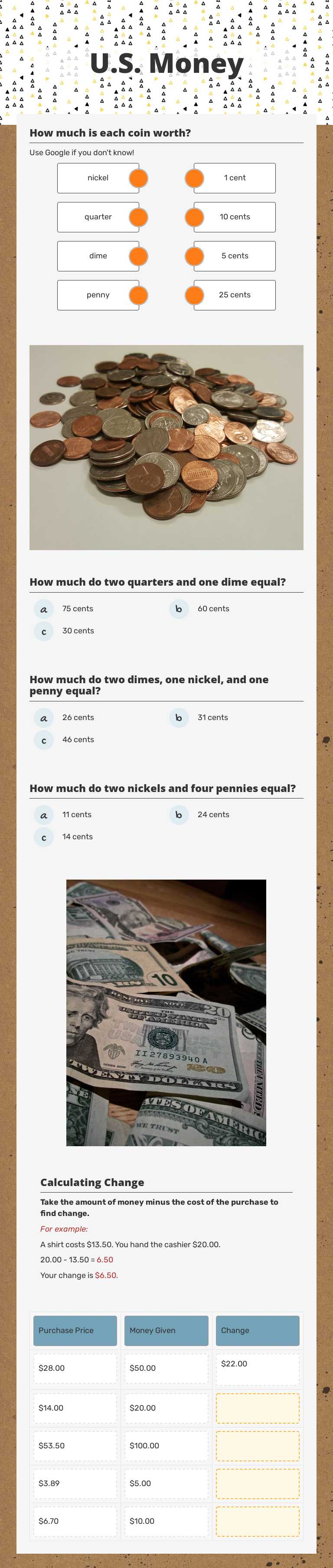 U.S. Money worksheet preview image