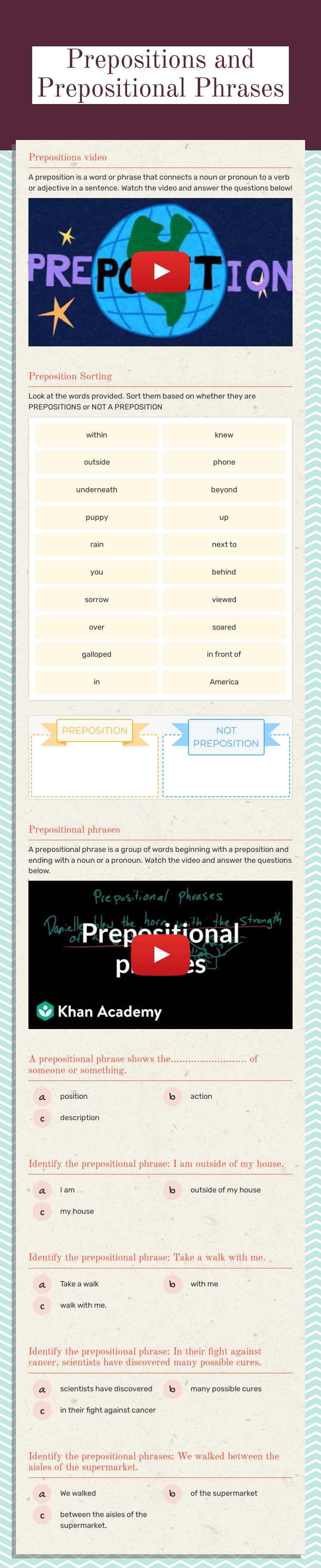 Prepositions and Prepositional Phrases worksheet preview image