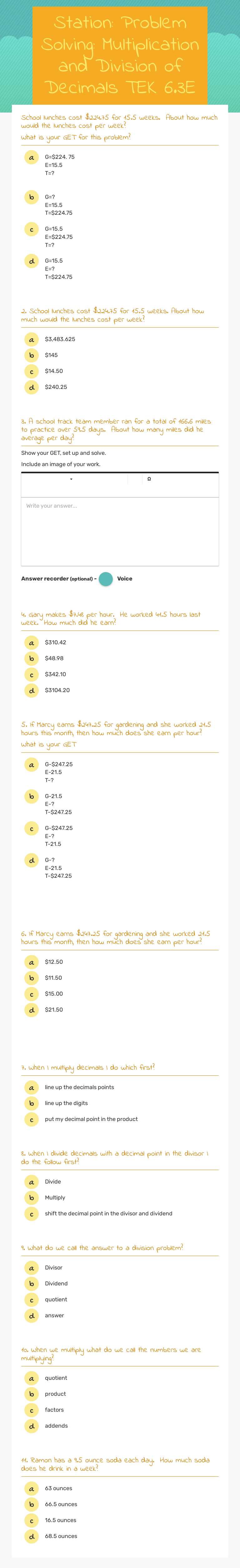 Station: Problem Solving: Multiplication and Division of Decimals TEK 6.3E worksheet preview image