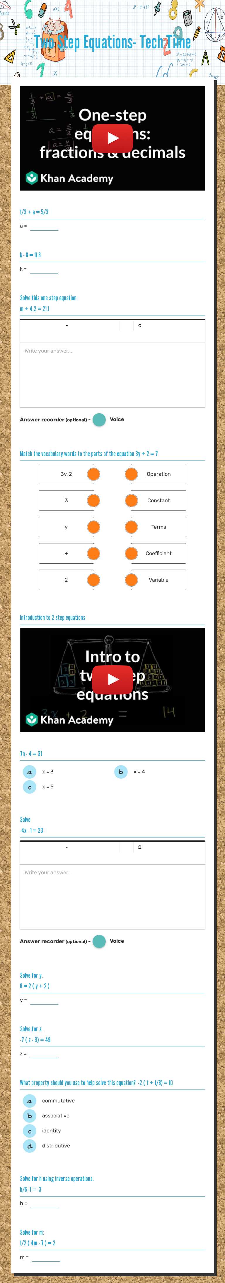 Two Step Equations- Tech Time worksheet preview image