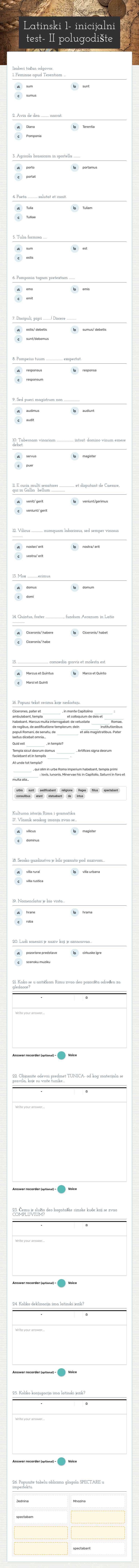 Latinski 1- inicijalni test- II polugodište worksheet preview image