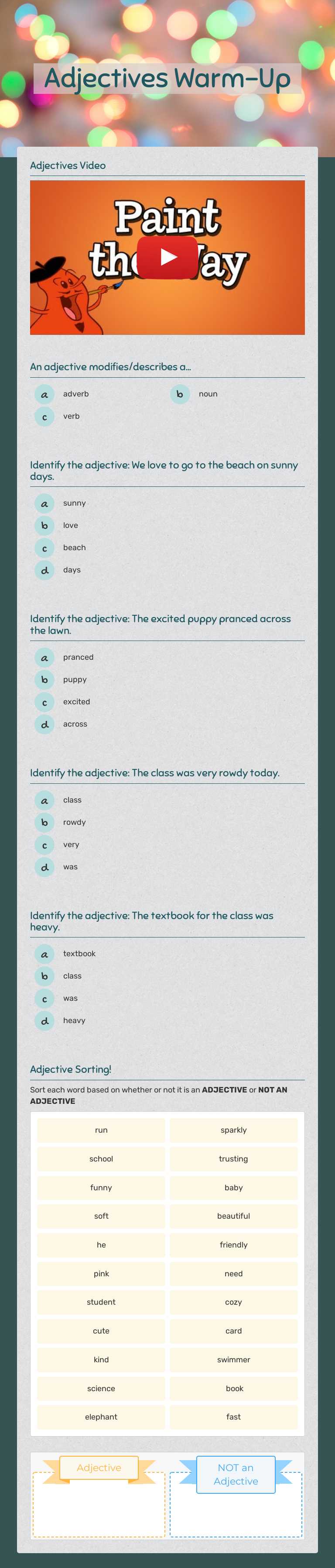 Adjectives Warm-Up Grade 7 worksheet preview