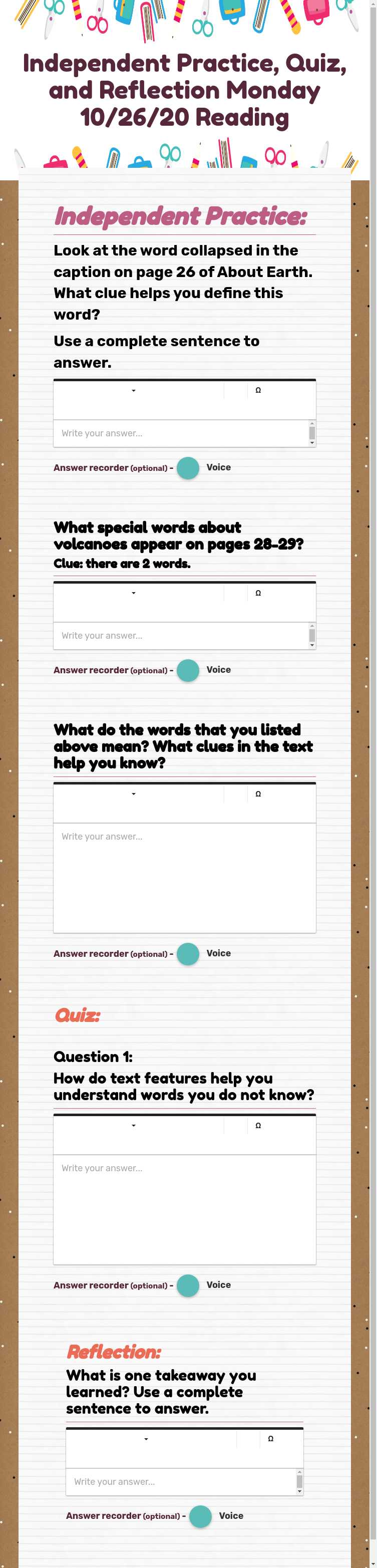 Independent Practice, Quiz, and Reflection 
Monday 10/26/20 Reading worksheet preview image