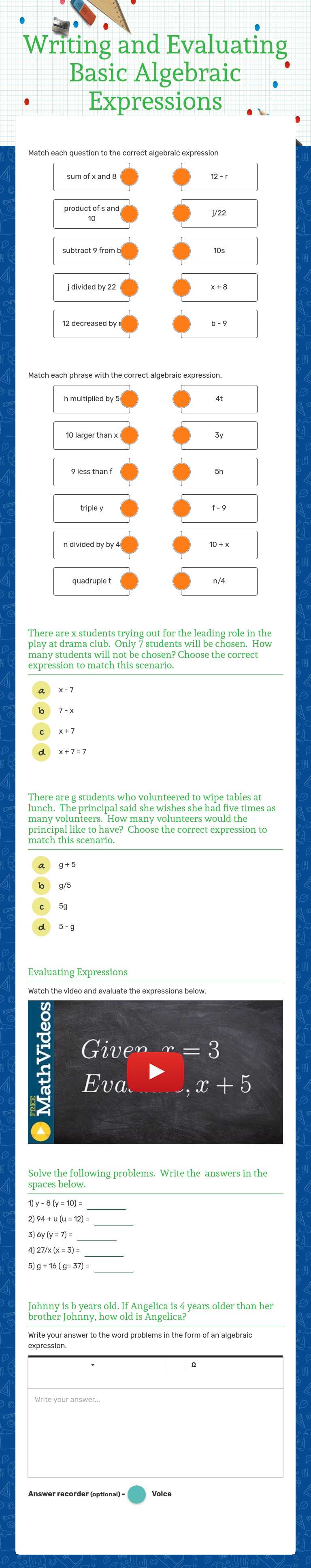 Writing and Evaluating Basic Algebraic Expressions worksheet preview image
