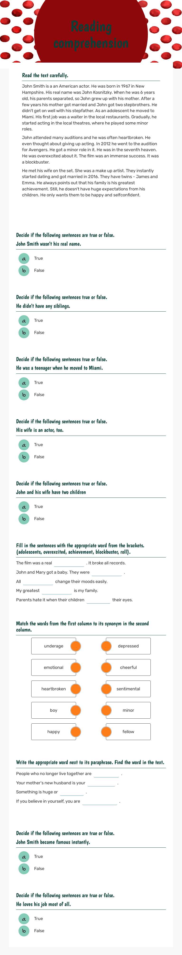Reading comprehension worksheet preview image