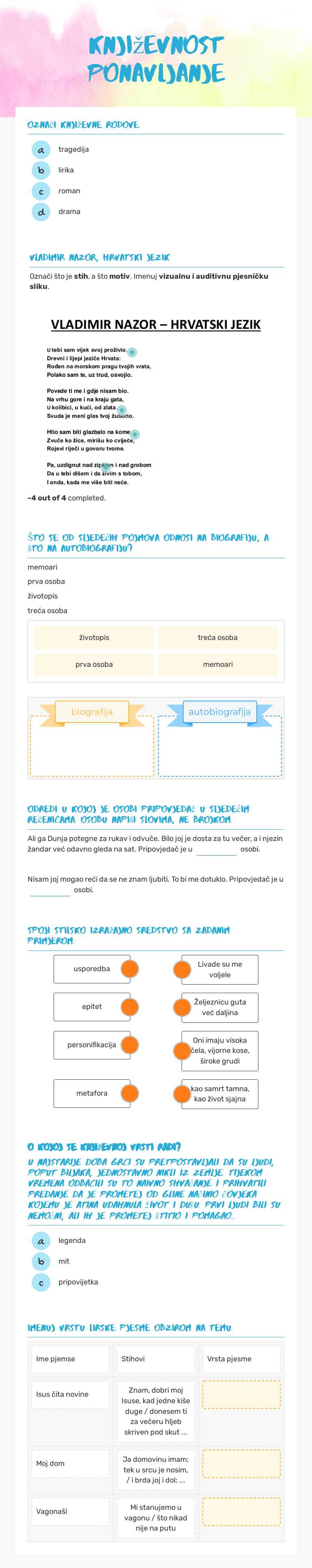 književnost ponavljanje worksheet preview image