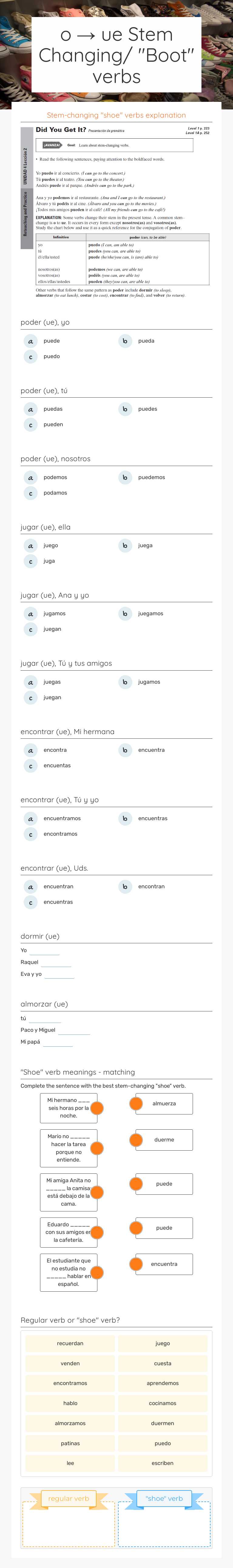 o → ue Stem Changing/ "Boot" verbs Grade 10 worksheet preview