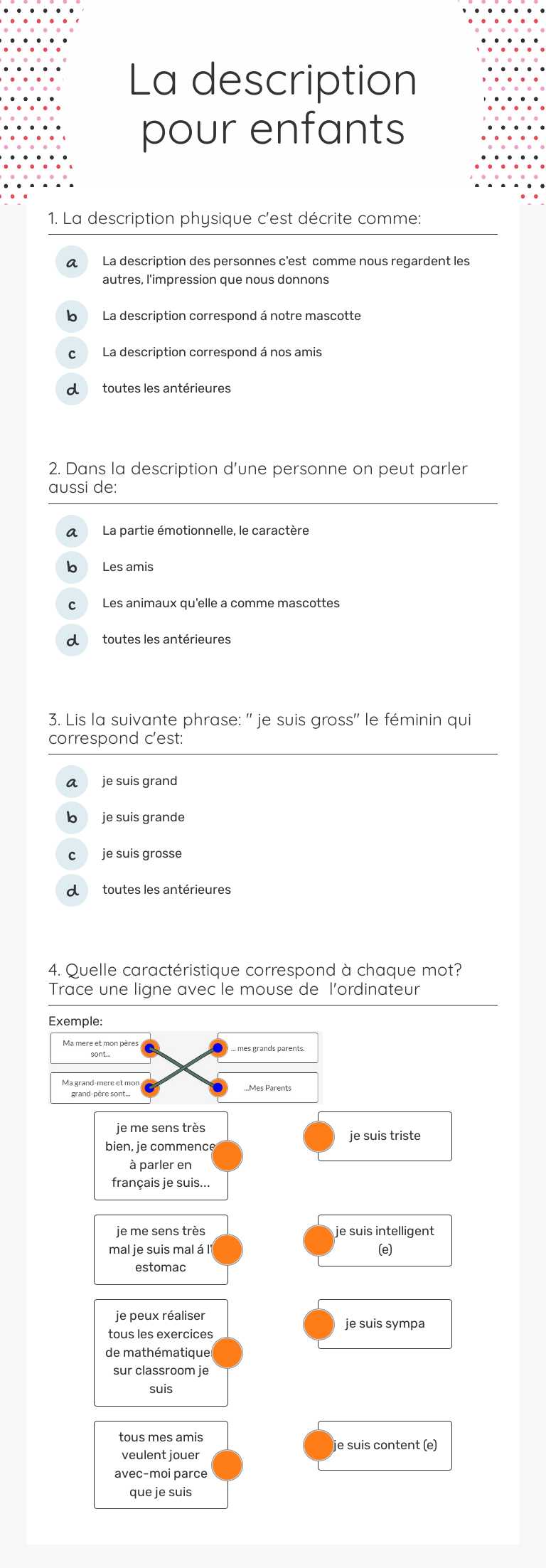 La description pour enfants worksheet preview image