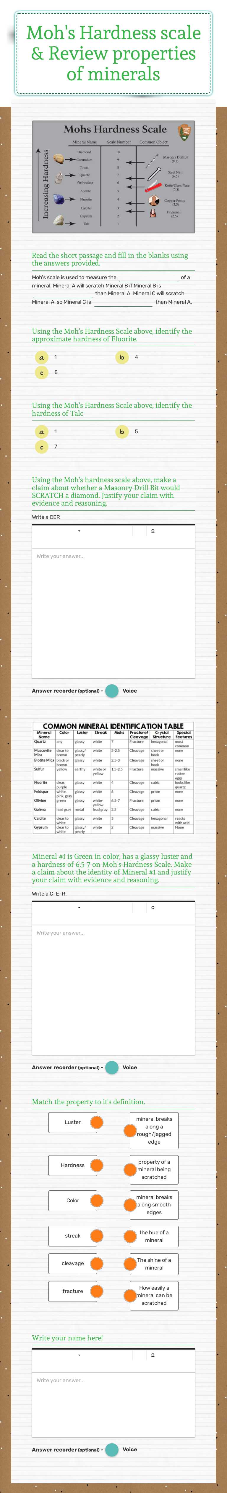 Moh's Hardness scale & Review properties of  minerals worksheet preview image