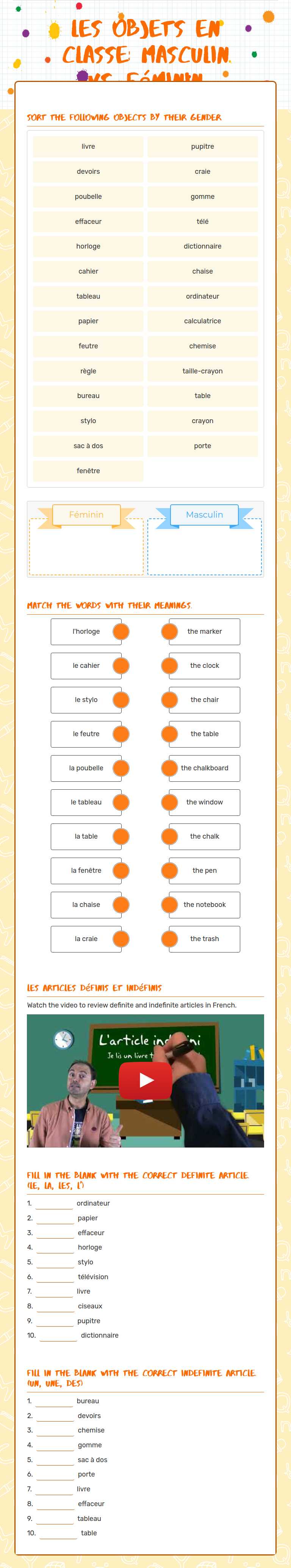 Les Objets en classe: Masculin vs. Féminin Grade 8 worksheet preview