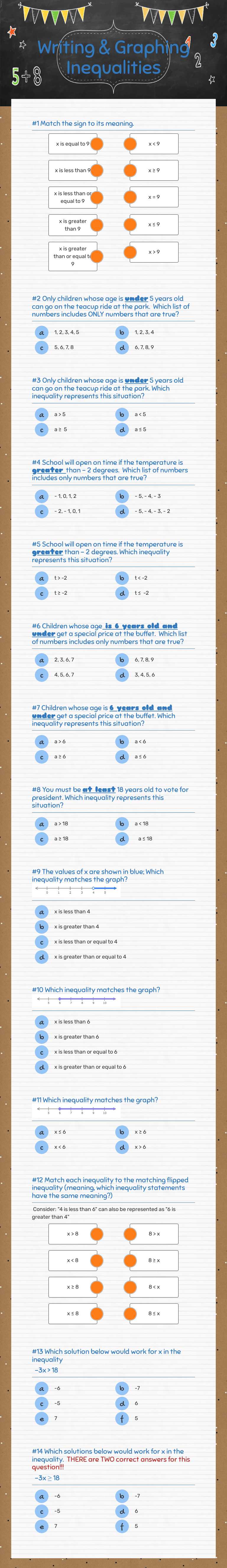 Writing & Graphing Inequalities worksheet preview image