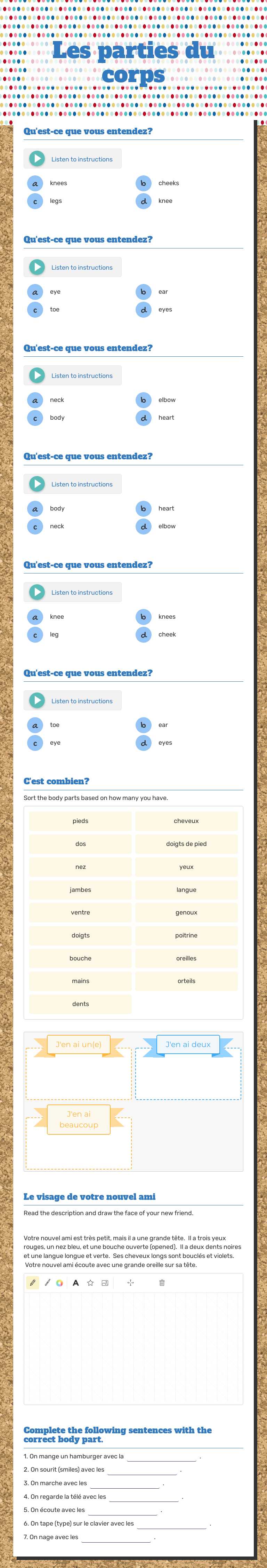 Les parties du corps worksheet preview image