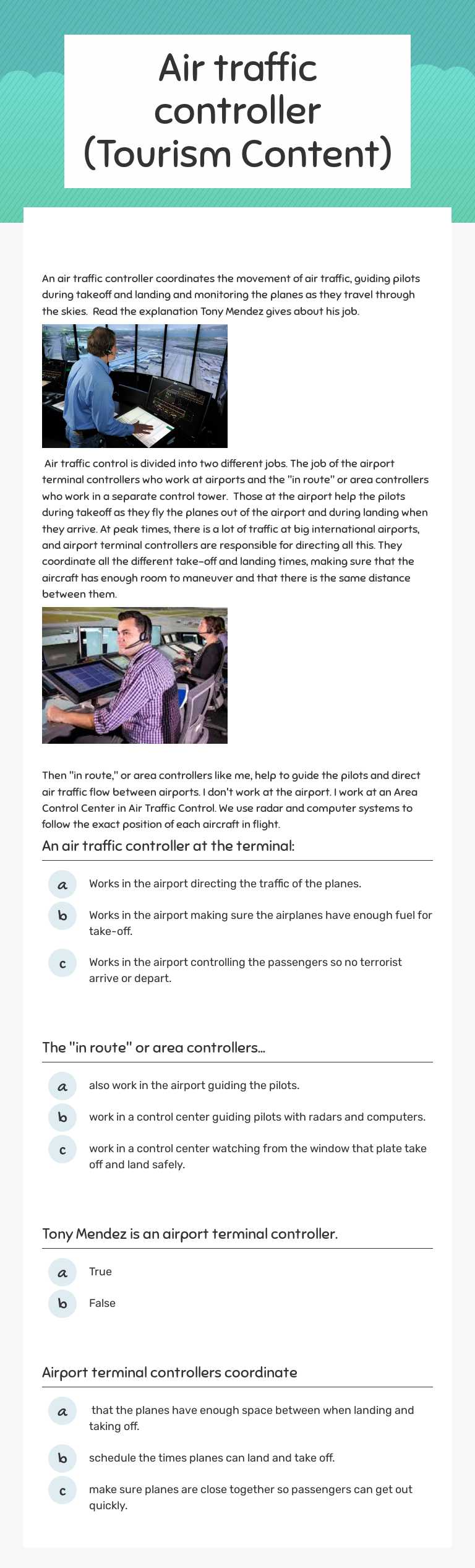 Air traffic controller
(Tourism Content) worksheet preview image