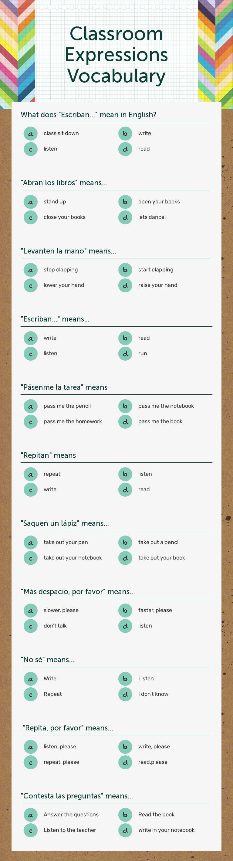 Classroom Expressions Vocabulary Grade 7 worksheet preview