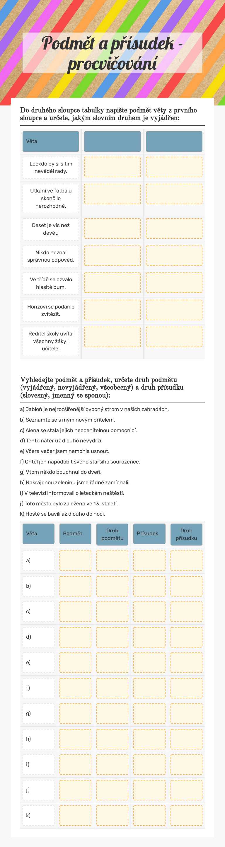 Podmět a přísudek - procvičování worksheet preview image