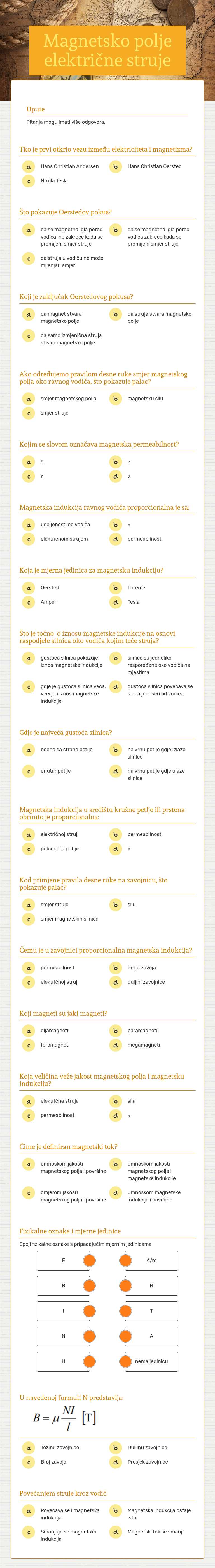 Magnetsko polje električne struje Grade 10 worksheet preview