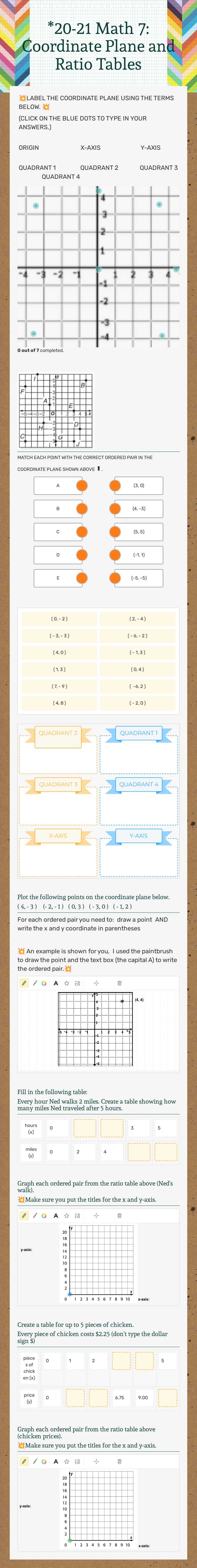 *20-21 Math 7:  Coordinate Plane and Ratio Tables worksheet preview image