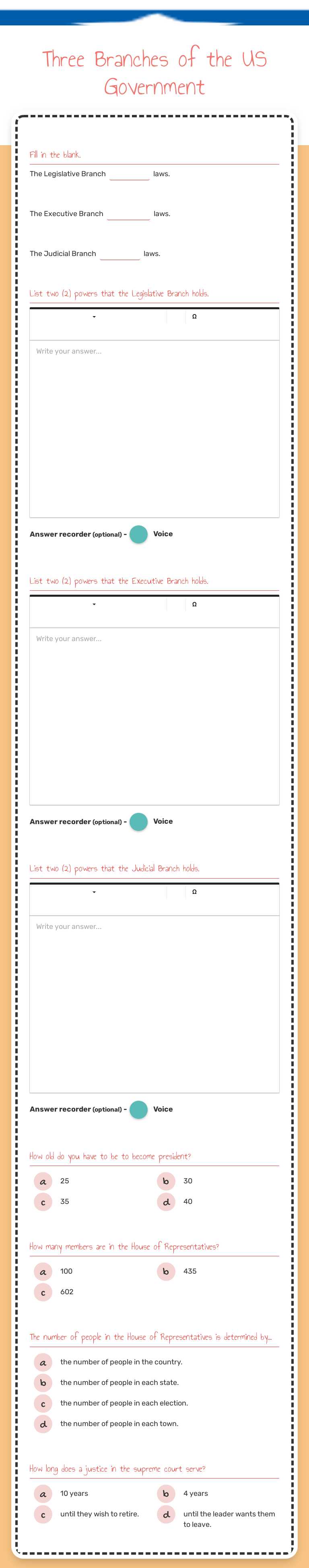 Three Branches of the US Government worksheet preview image