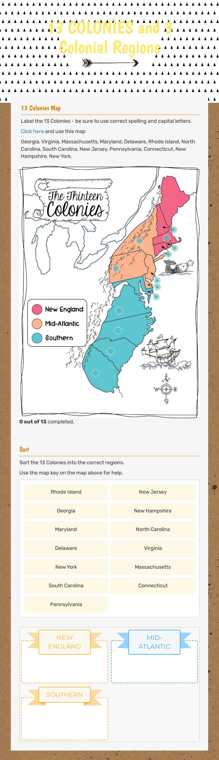 13 COLONIES and 3 Colonial Regions worksheet preview image