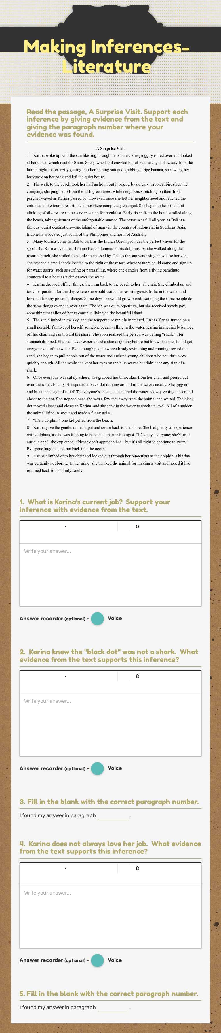 Making Inferences-Literature worksheet preview image