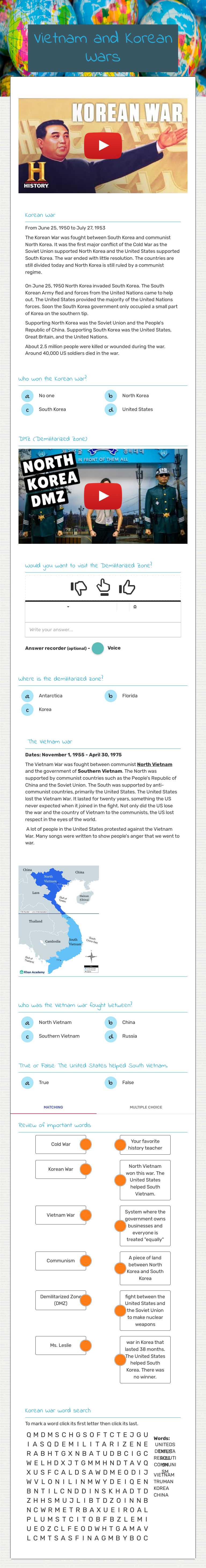 Vietnam and Korean Wars worksheet preview image