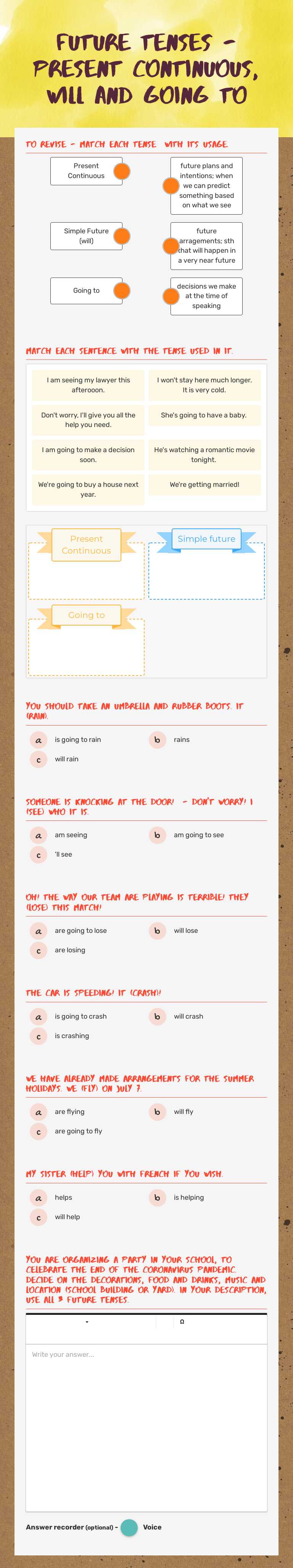 Future tenses - present continuous, will and going to worksheet preview image