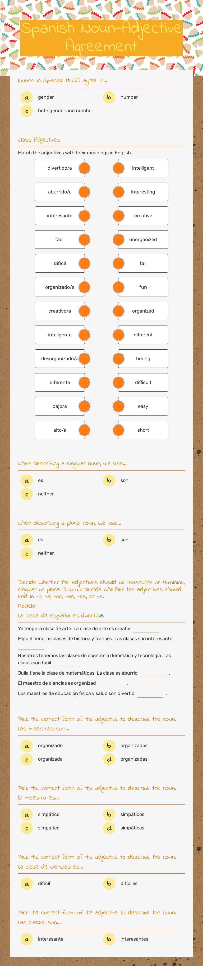 Spanish Noun-Adjective Agreement worksheet preview image