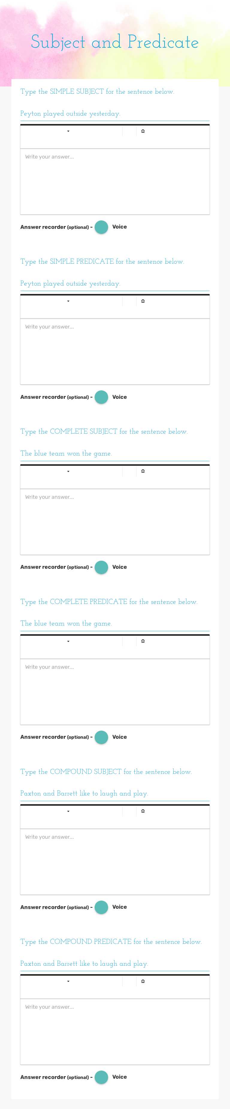 Subject and Predicate Grade 4 worksheet preview