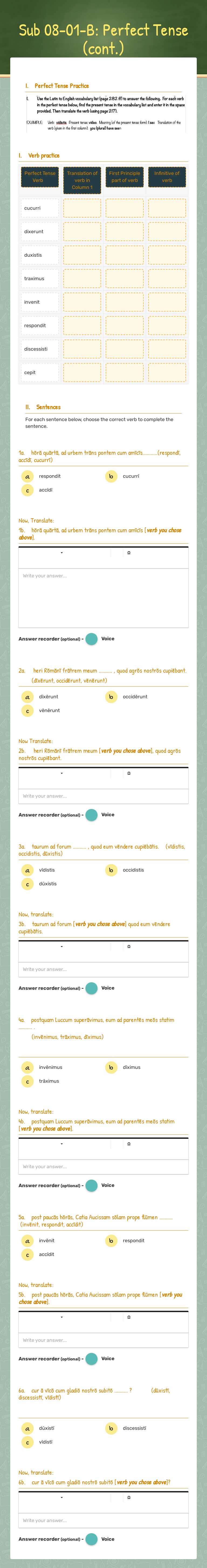 Sub 08-01-B: Perfect Tense (cont.) worksheet preview image