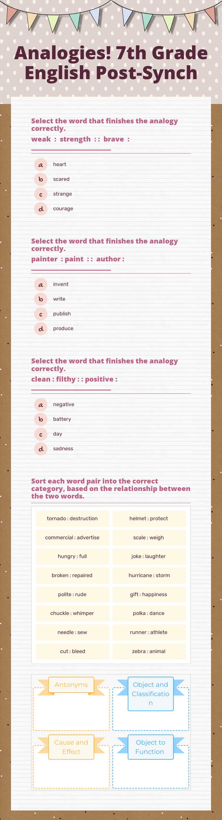 Analogies!
7th Grade English Post-Synch worksheet preview image