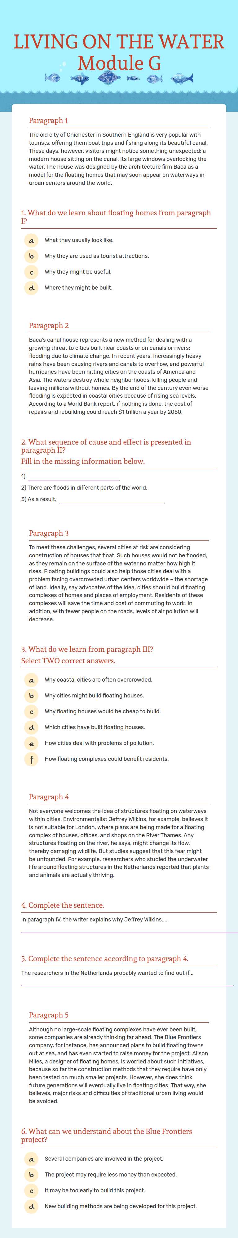 LIVING ON THE WATER Module G worksheet preview image