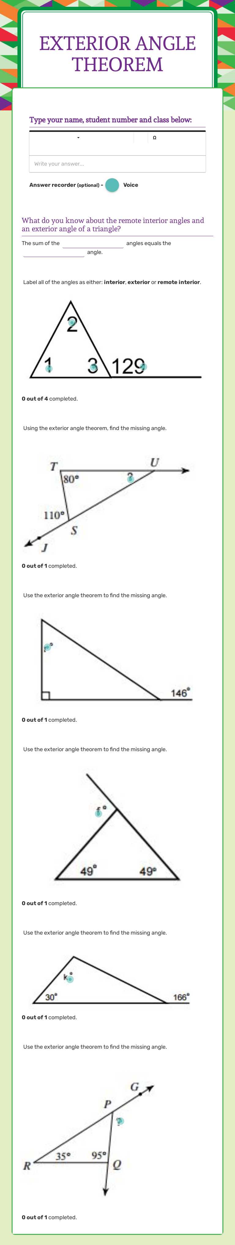 Exterior angle theorem worksheet preview image