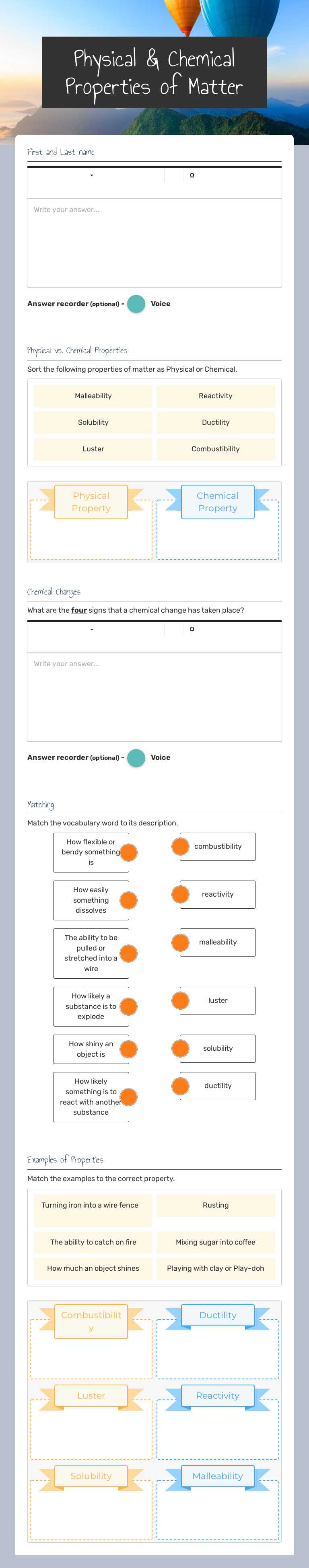 Physical & Chemical Properties of Matter worksheet preview image