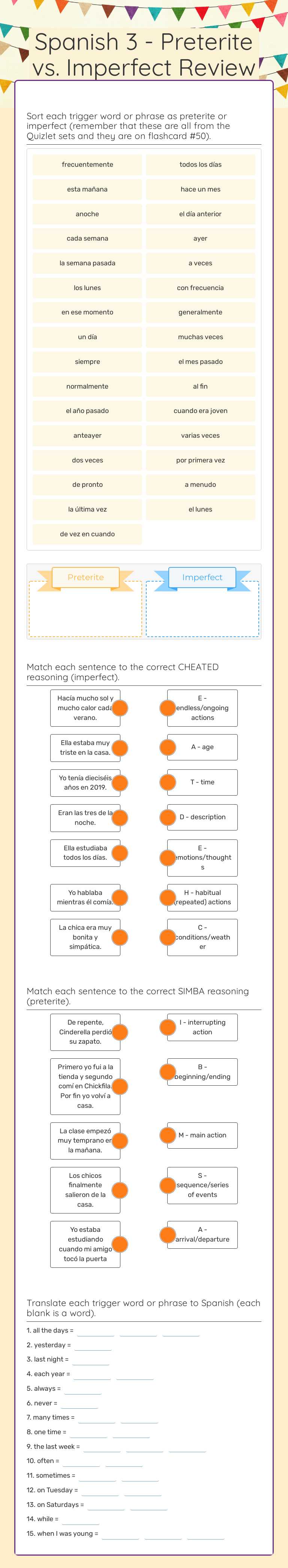 Spanish 3 - Preterite vs. Imperfect Review worksheet preview image