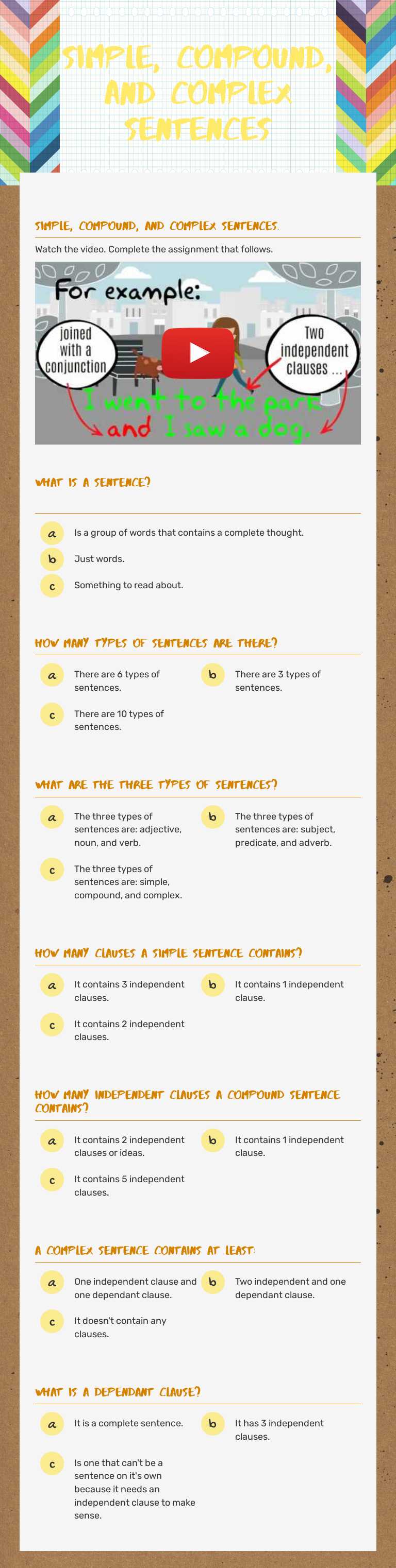 Simple, Compound, and Complex Sentences worksheet preview image
