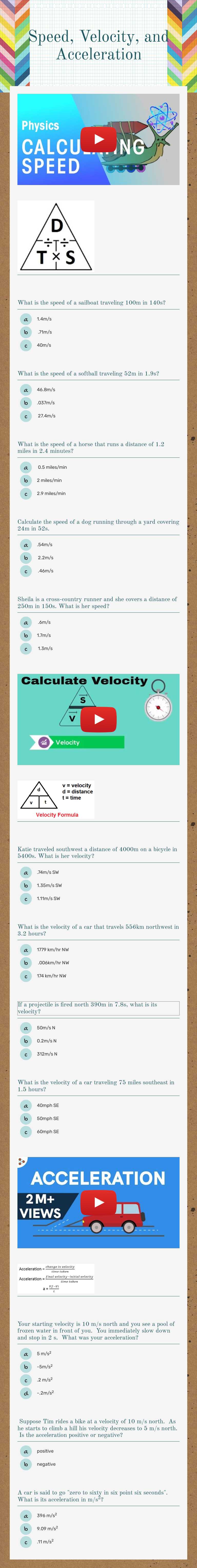 Speed, Velocity, and Acceleration worksheet preview image
