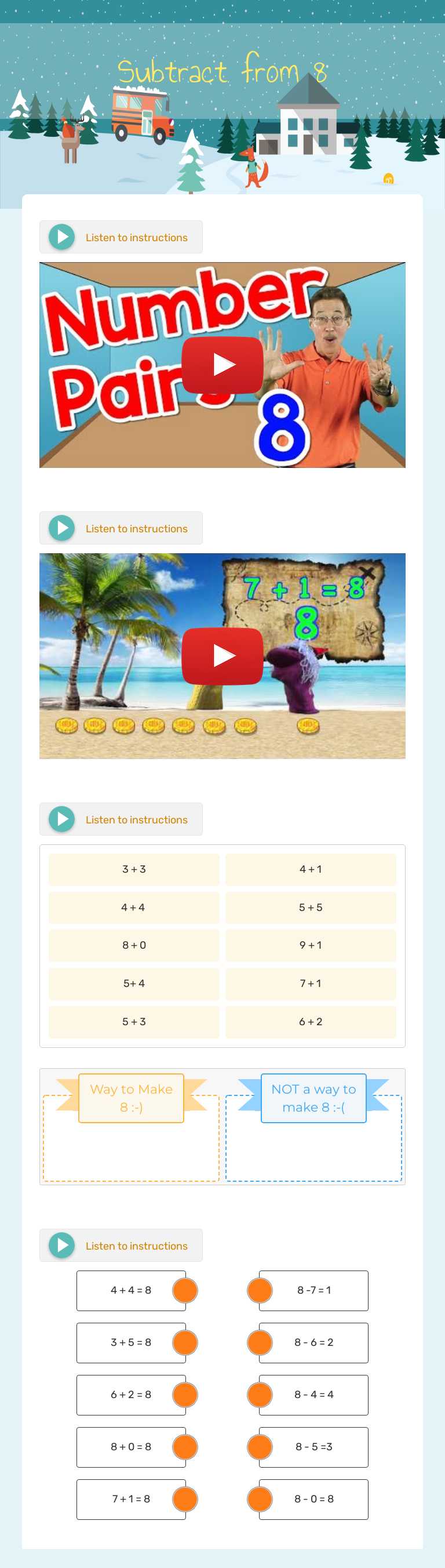 Subtract from 8 worksheet preview