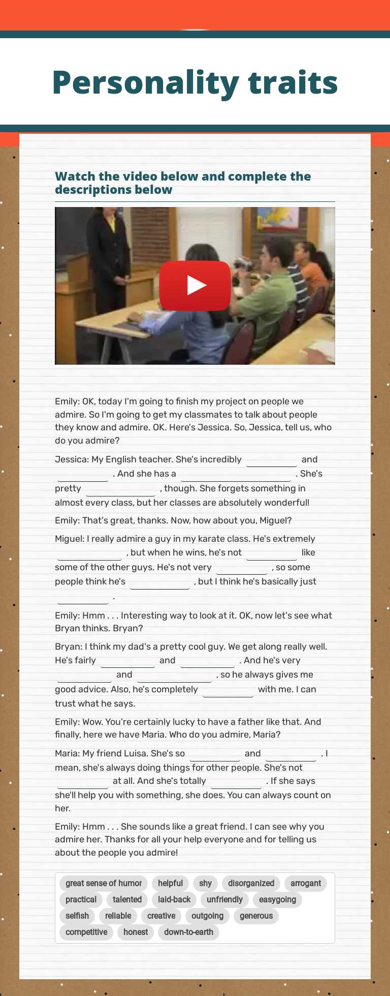 Personality traits worksheet preview
