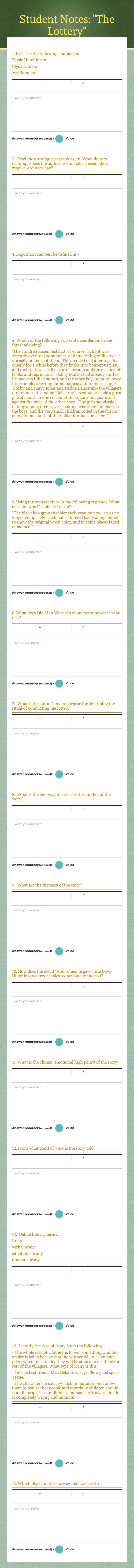 Student Notes: "The Lottery" worksheet preview image