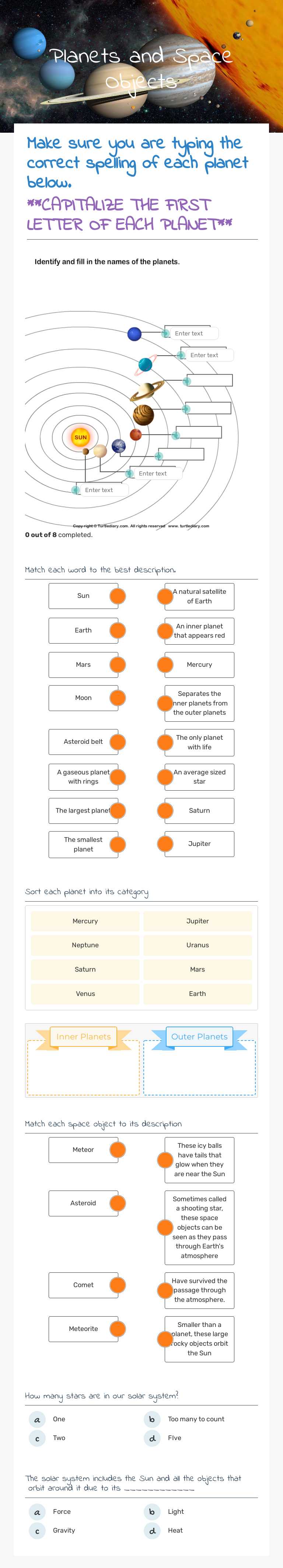 Planets and Space Objects worksheet preview image