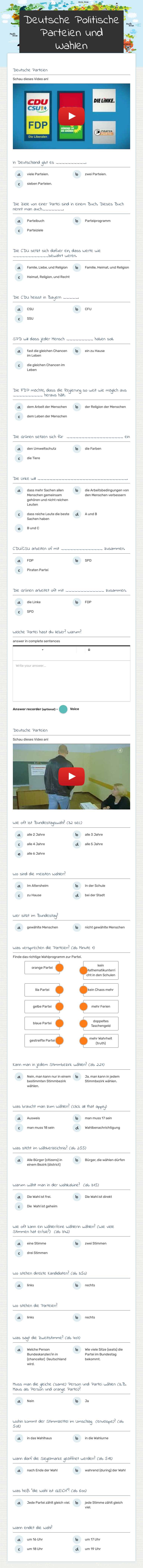 Deutsche Politische Parteien und Wahlen Grade 11 worksheet preview