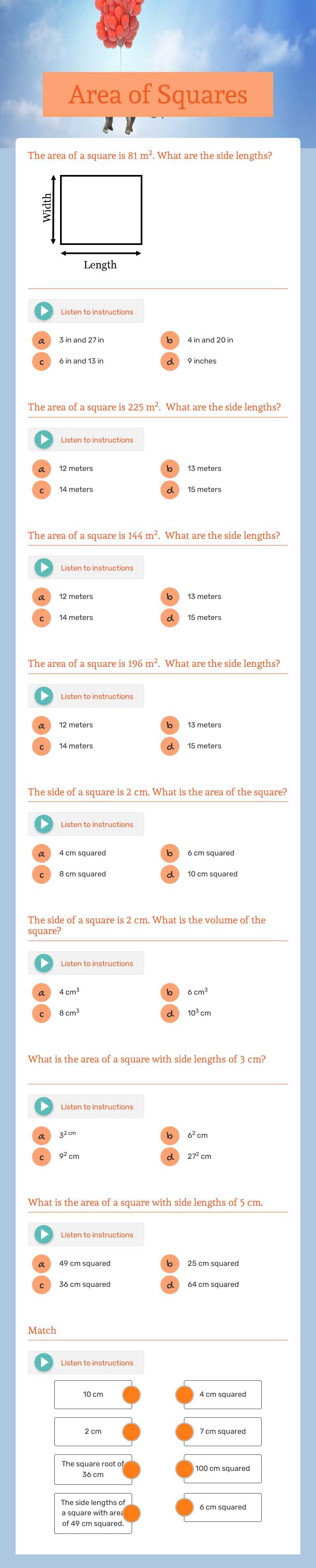Area of Squares Grade 5 worksheet preview