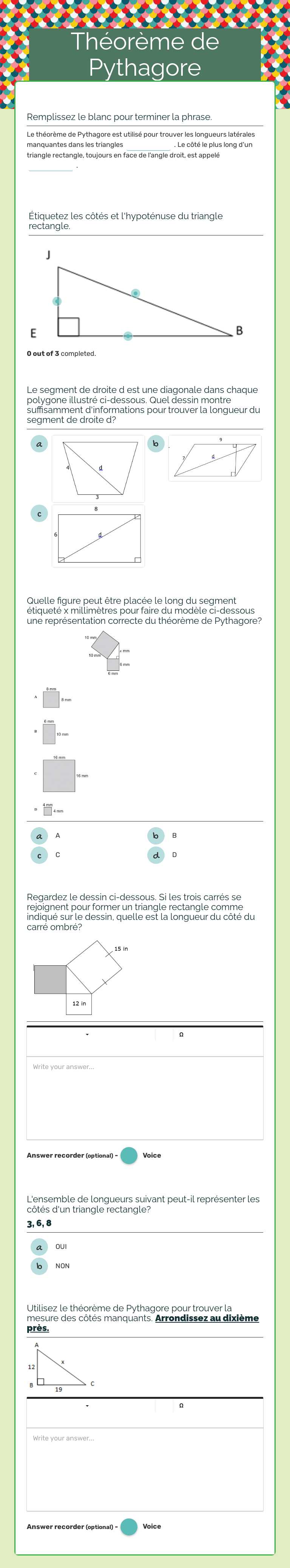 Théorème de Pythagore worksheet preview image