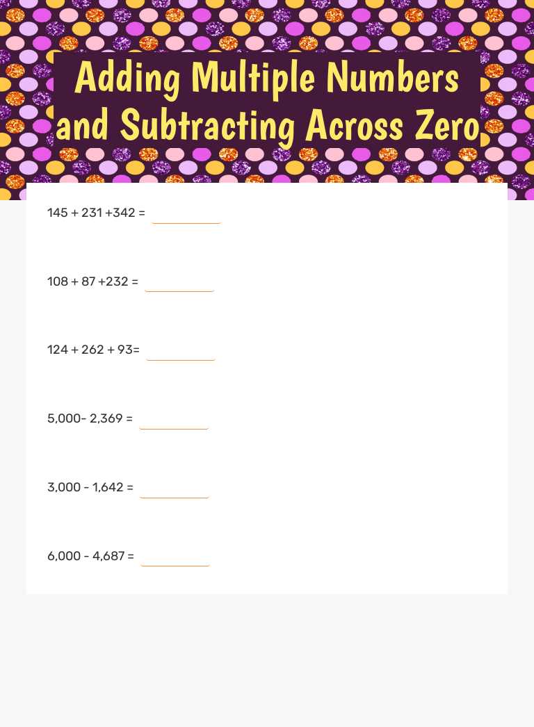 Adding Multiple Numbers and Subtracting Across Zero Grade 3 worksheet preview