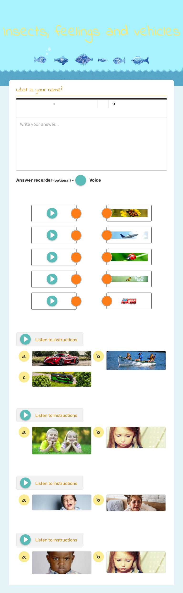 Insects, feelings and vehicles Preschool worksheet preview